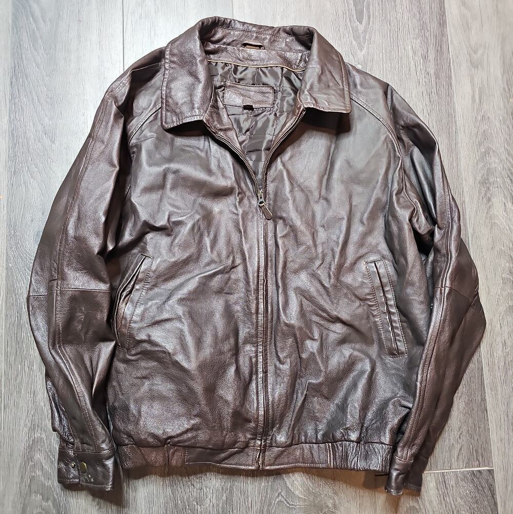 St. John's Bay VTG Mens Classic Bomber Jacket Genuine Leather XXLT Brown Biker